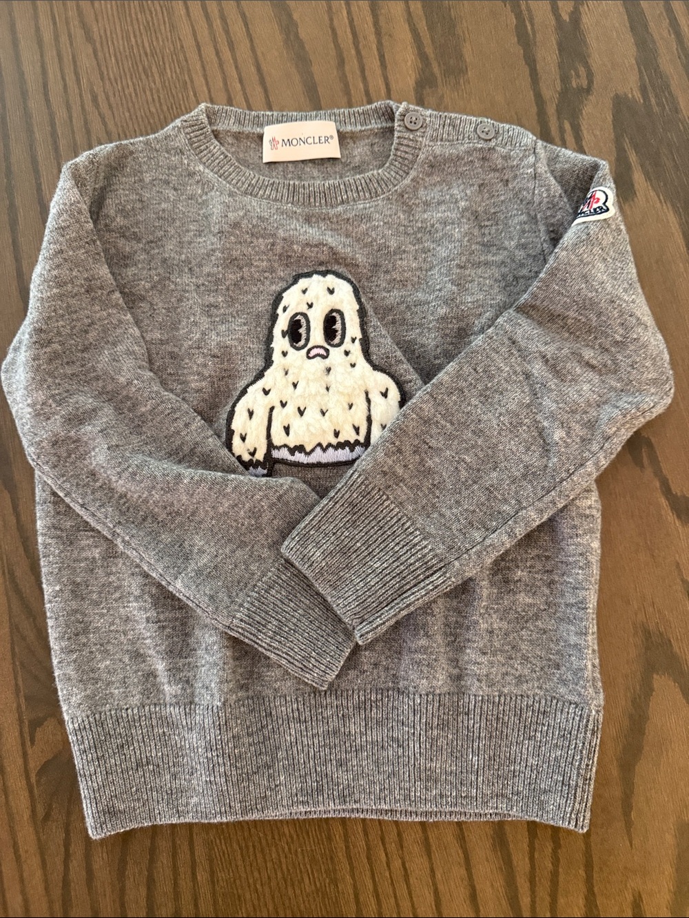 Moncler Gray Crewneck Sweater with Cream Character Patch